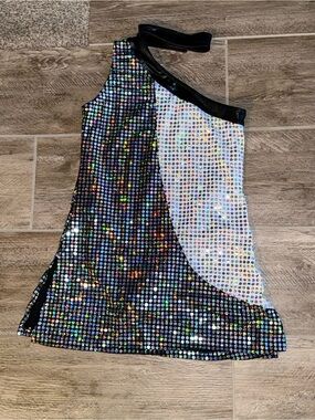 Girls One-Shoulder Sequin Holographic Black & White Dance Costume